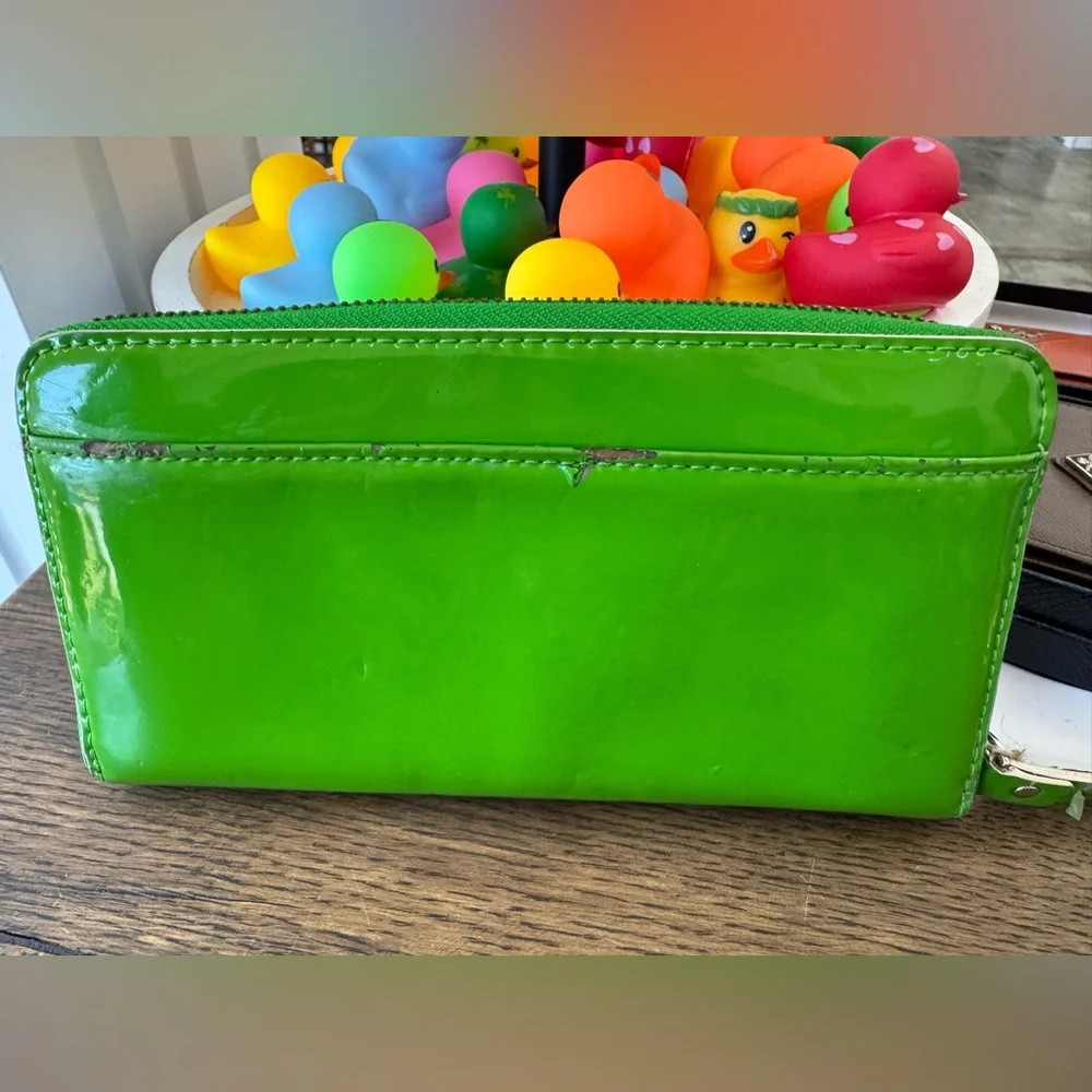 Kate Spade Green Patent Leather Zip Around Continental Wallet Polka Dot Interior